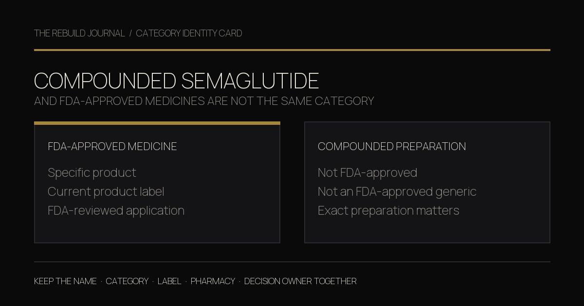 Category Identity Card comparing an FDA-approved medicine with a compounded semaglutide preparation and stating that compounded drugs are not FDA-approved or generic.