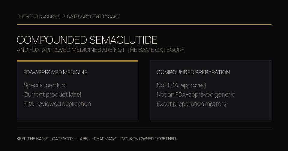 Category Identity Card comparing an FDA-approved medicine with a compounded semaglutide preparation and stating that compounded drugs are not FDA-approved or generic.