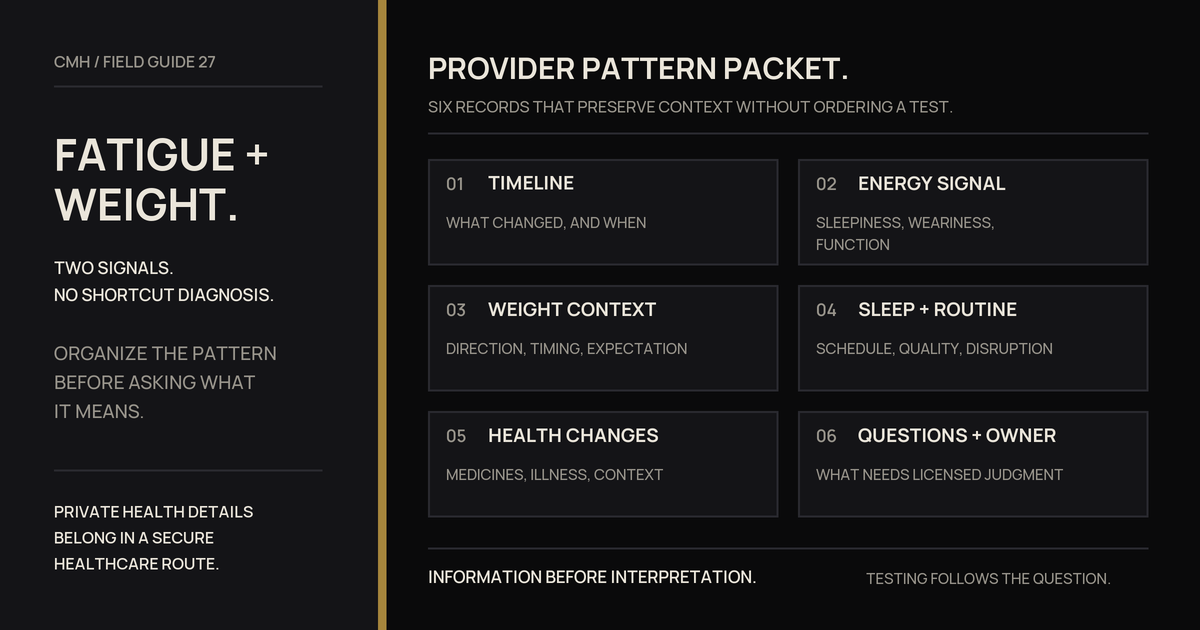 Six-part Provider Pattern Packet showing timeline, energy, weight, sleep, health changes, and questions before interpretation.