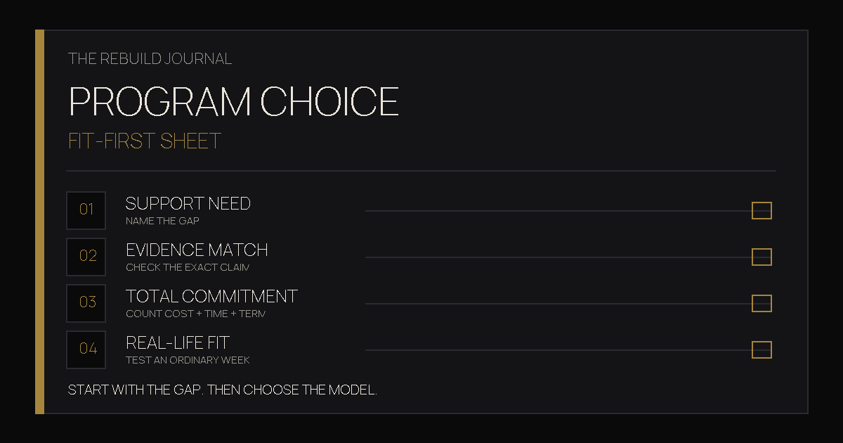 Fit-First Program Choice Sheet comparing support, evidence, total commitment, and real-life fit.