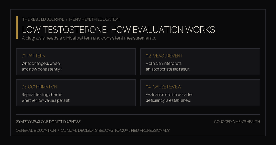 Low-testosterone evaluation file showing pattern, measurement, confirmation, and cause review, with a reminder that symptoms alone do not diagnose.