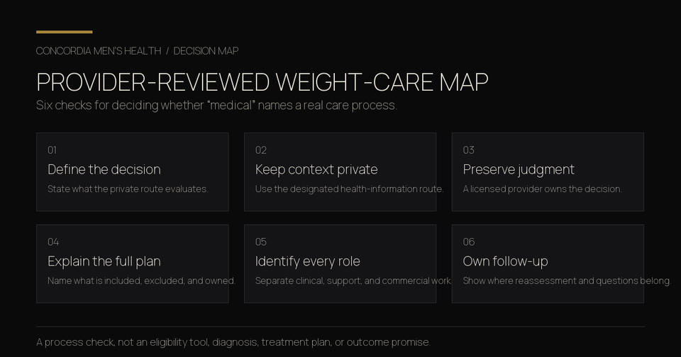 Six-part provider-reviewed weight-care map from defining the decision through follow-up ownership.