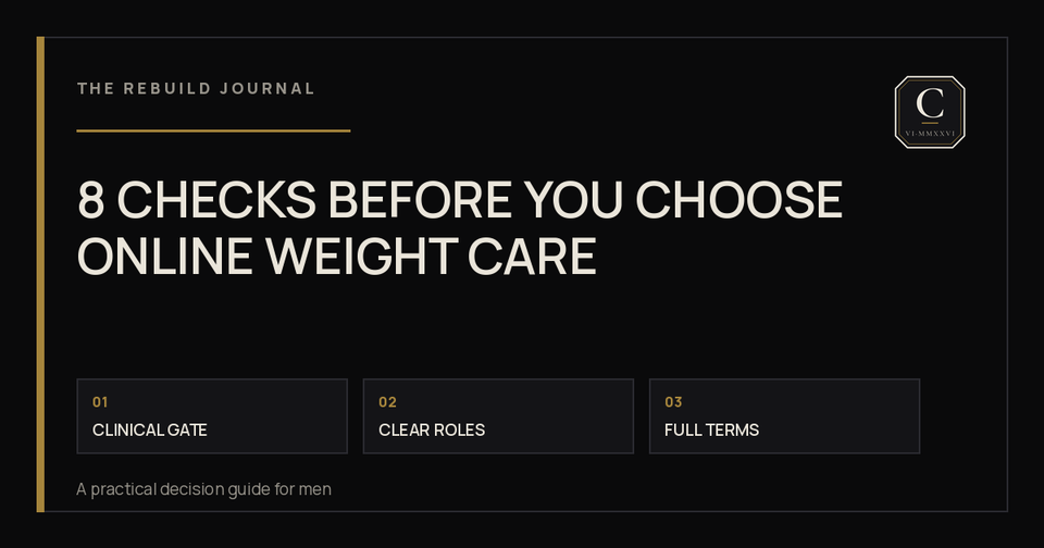 Eight checks for comparing online weight-care programs: clinical gate, clear roles, and full terms.