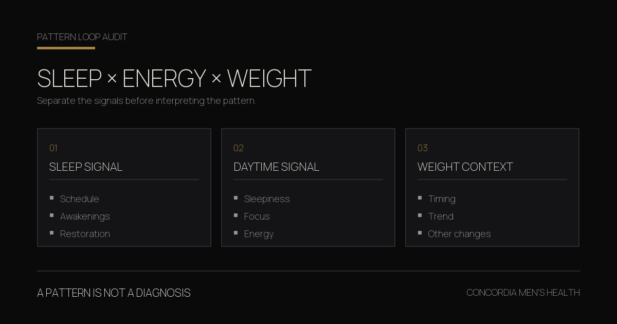 Pattern Loop Audit showing separate sleep, daytime energy, and weight-context signals, with a reminder that a pattern is not a diagnosis.
