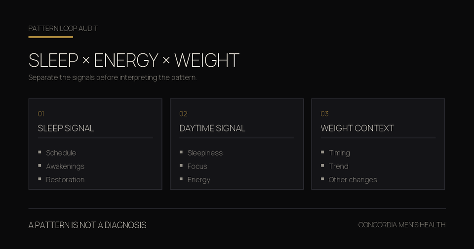 Pattern Loop Audit showing separate sleep, daytime energy, and weight-context signals, with a reminder that a pattern is not a diagnosis.