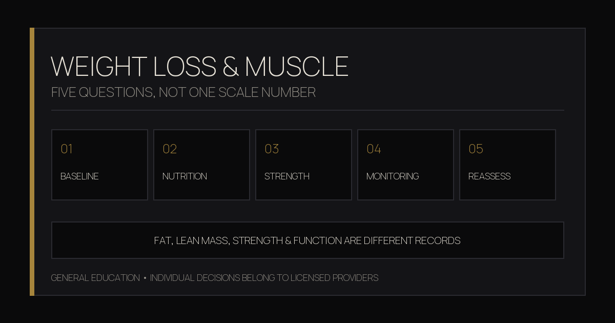 Weight-loss and muscle review card showing baseline, nutrition, strength, monitoring, and reassessment, with a reminder that fat, lean mass, strength, and function are different records.