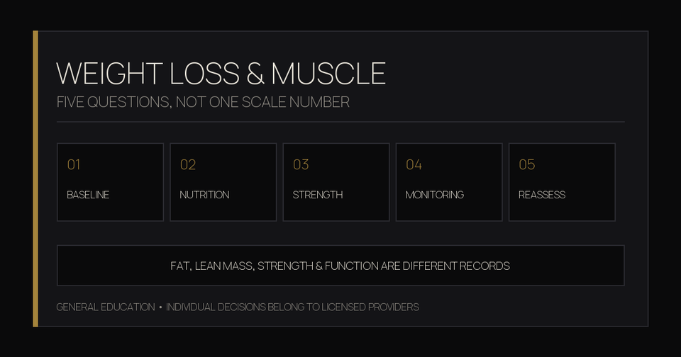Weight-loss and muscle review card showing baseline, nutrition, strength, monitoring, and reassessment, with a reminder that fat, lean mass, strength, and function are different records.