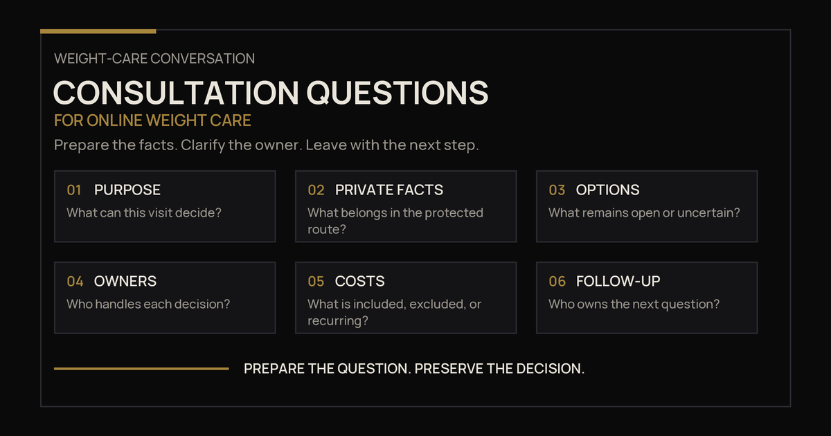 Consultation question sheet for online weight care covering purpose, private facts, options, owners, costs, and follow-up.
