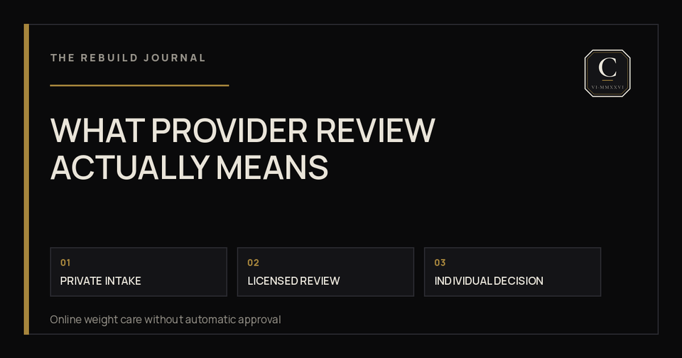 Three-step provider-review path: private intake, licensed review, and individual decision.
