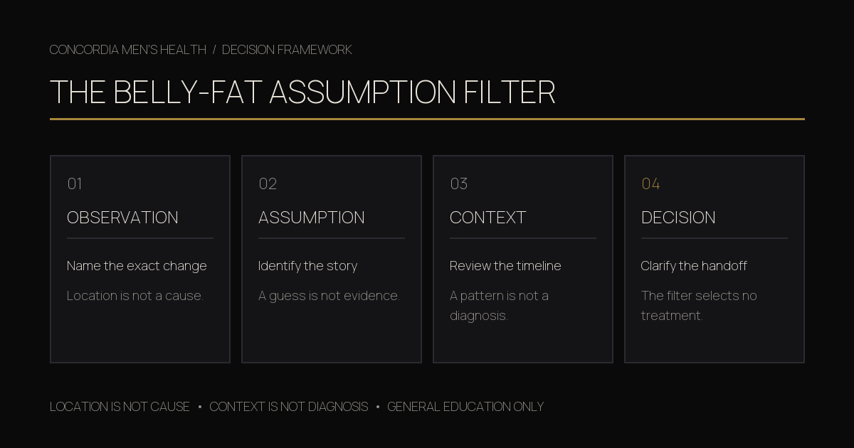 Four-pass belly-fat assumption filter separating observation, assumption, broader context, and the next decision.