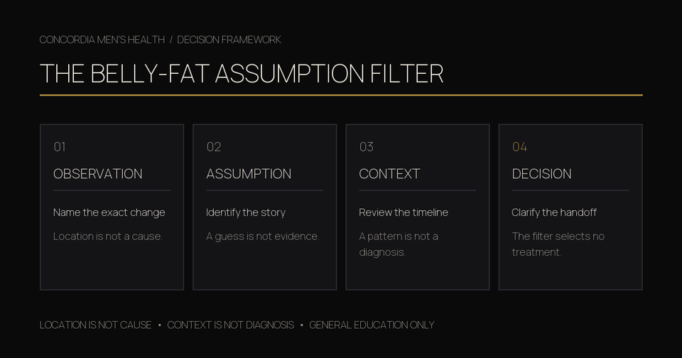 Four-pass belly-fat assumption filter separating observation, assumption, broader context, and the next decision.