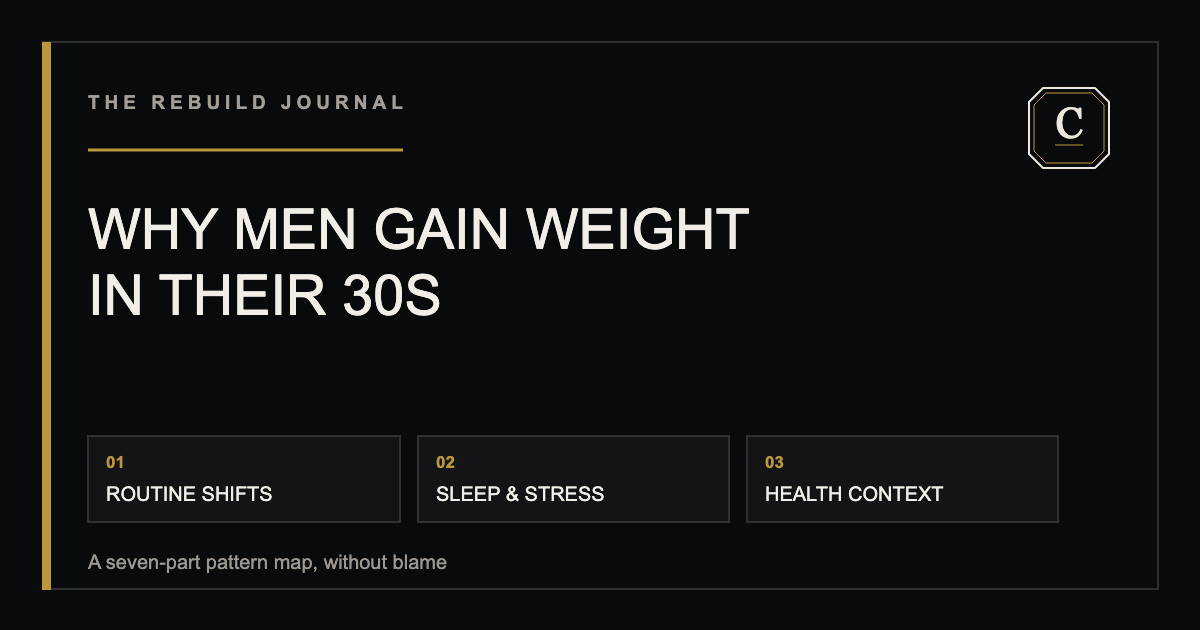 Seven-part pattern map for reviewing weight change, routines, movement, food and drink, sleep, medication or health changes, and next questions.
