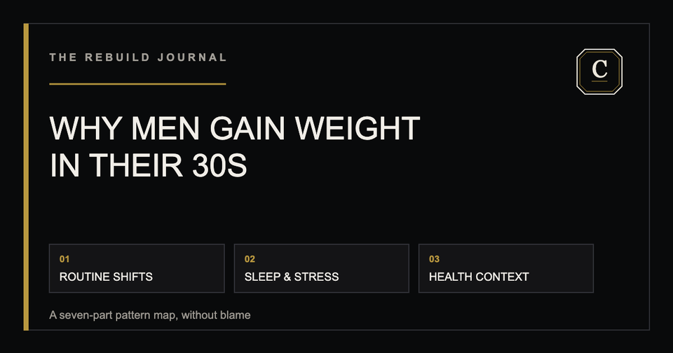 Seven-part pattern map for reviewing weight change, routines, movement, food and drink, sleep, medication or health changes, and next questions.